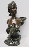 Spectacular polychromed art nouveau bronze: young lady with cockerel at her breast: 'Le reveil' by Anton Nelson