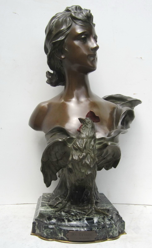 Spectacular polychromed art nouveau bronze: young lady with cockerel at her breast: 'Le reveil' by Anton Nelson
