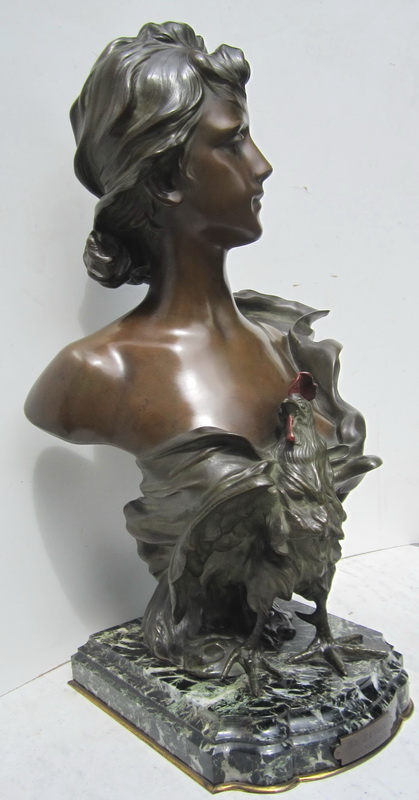 Spectacular polychromed art nouveau bronze: young lady with cockerel at her breast: 'Le reveil' by Anton Nelson