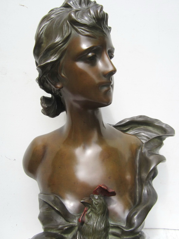 Spectacular polychromed art nouveau bronze: young lady with cockerel at her breast: 'Le reveil' by Anton Nelson