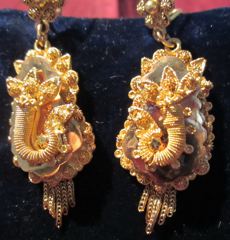 Victorian pair of long 14k gold drop earrings with cornucopia (horn of plenty) decoration and tassels.