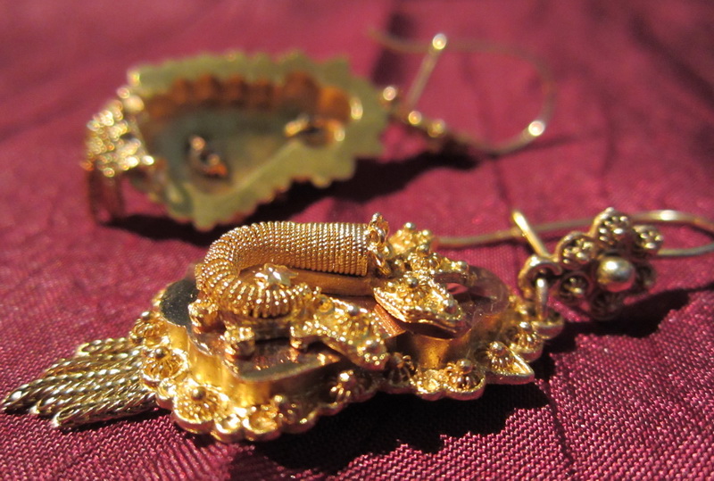 Victorian pair of long 14k gold drop earrings with cornucopia (horn of plenty) decoration and tassels.