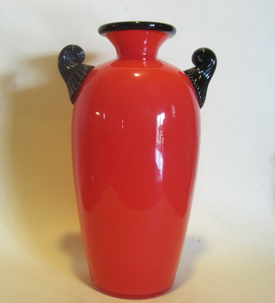 art deco red Loetz Powolny tango glass vase with applied black glass rim and handles. 