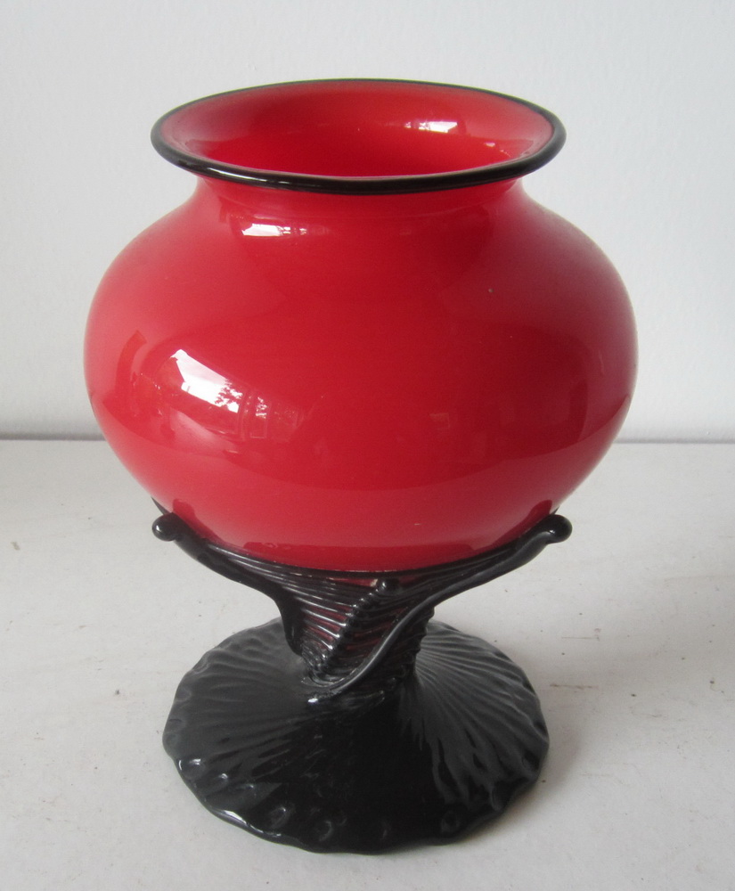 Powolny tango glass spiderweb vase with applied black rim, swirling thread on black glass foo