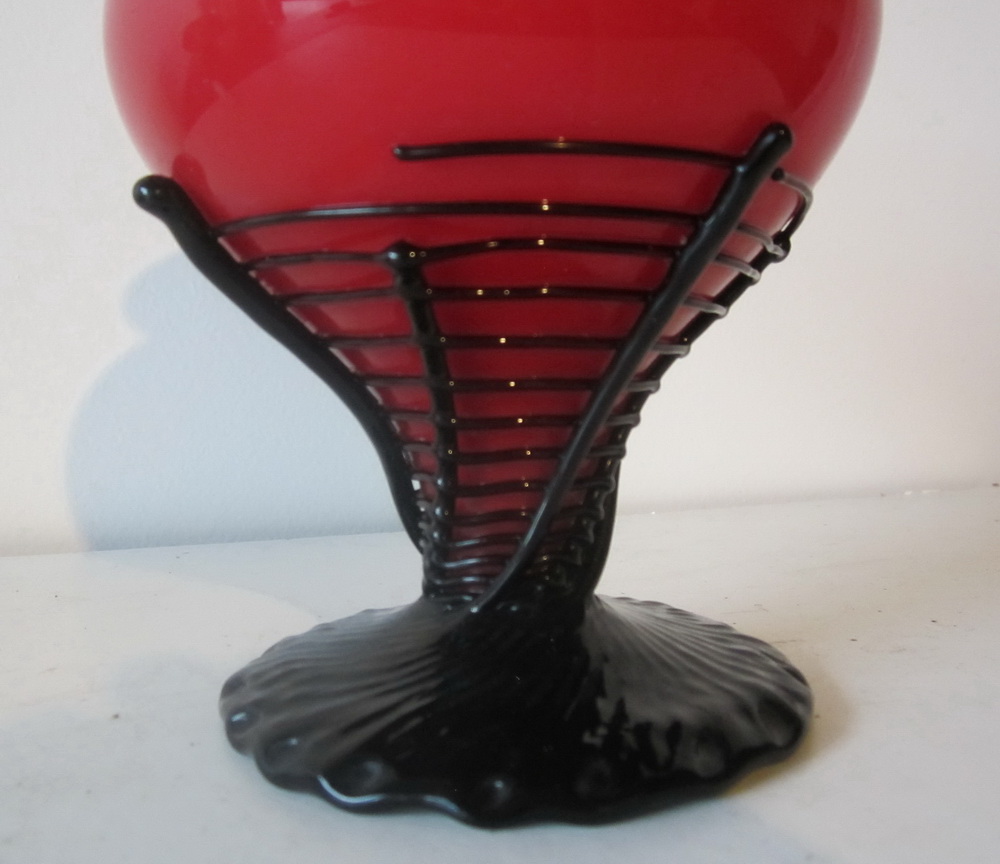 Powolny tango glass spiderweb vase with applied black rim, swirling thread on black glass foo
