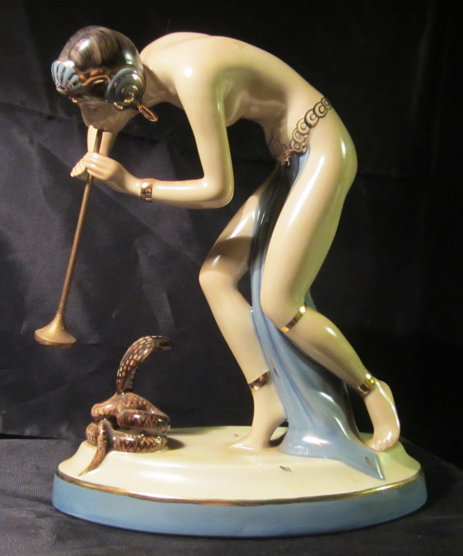 Royal Dux statue: semi nude female snake charmer, ca 1930 