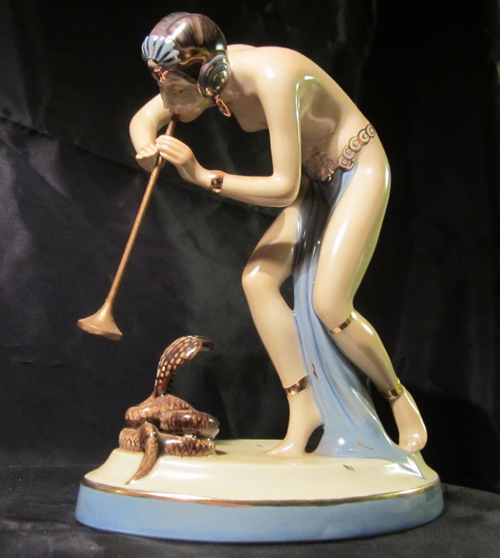 Royal Dux statue: semi nude female snake charmer 