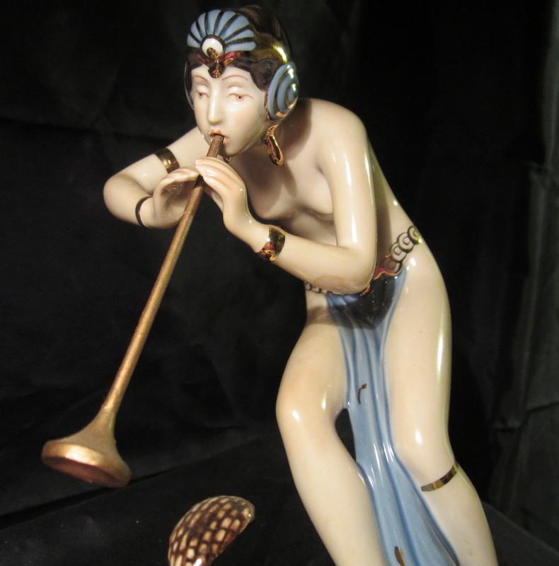 Royal Dux statue: semi nude female snake charmer, ca 1930 