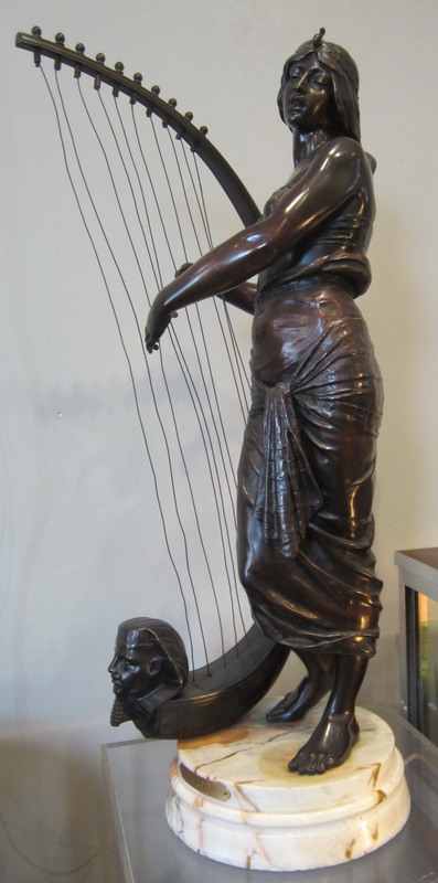 French bronze "Tahoser" by George COUDRAY , Egyptian lady playing the harp. ca 1895. Height 80 cm