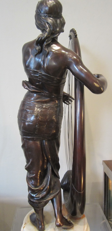 French bronze "Tahoser" by George COUDRAY , Egyptian lady playing the harp. ca 1895. Height 80 cm