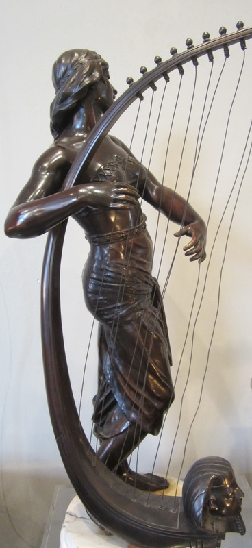 French bronze "Tahoser" by George COUDRAY , Egyptian lady playing the harp. ca 1895. Height 80 cm