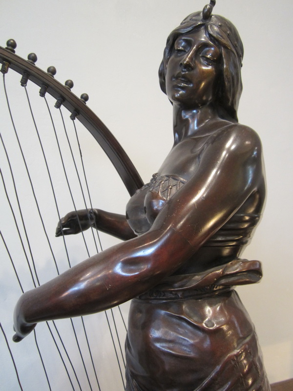 French bronze "Tahoser" by George COUDRAY , Egyptian lady playing the harp. ca 1895. Height 80 cm