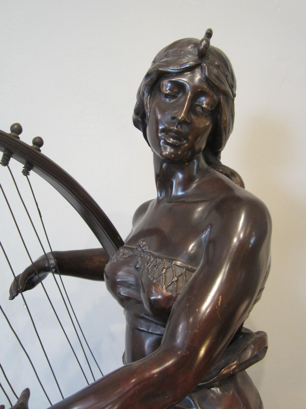 French bronze "Tahoser" by George COUDRAY , Egyptian lady playing the harp. ca 1895. Height 80 cm