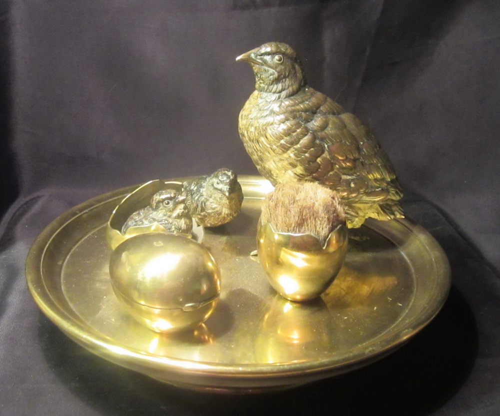 antique Vienna bronze: quails on nest inkwell  & pen wipe