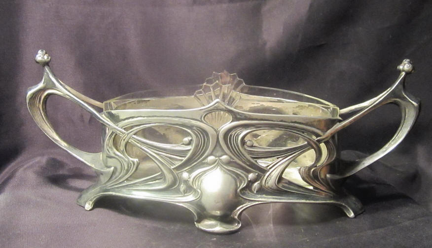  silver plated art nouveaujardiniere with crystal insert