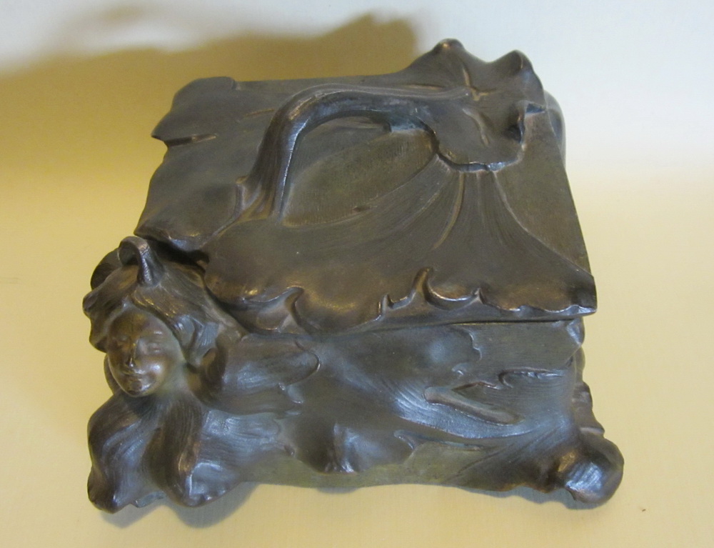 art nouveau jewelry box in patinated metal. ca 1900