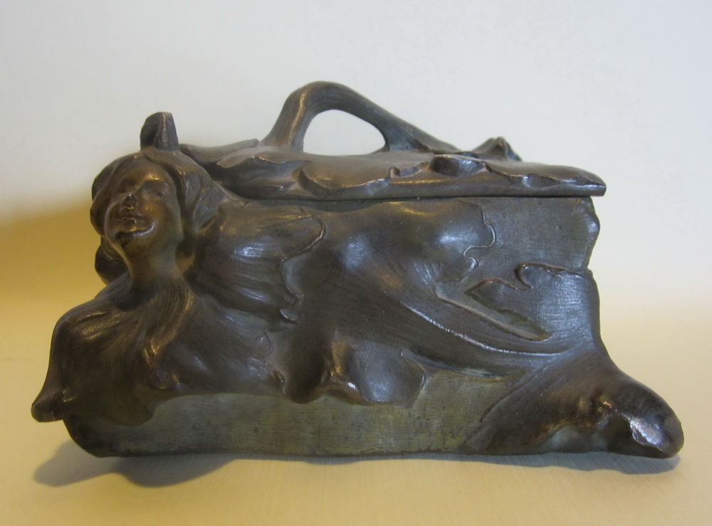 art nouveau jewelry box in patinated metal. ca 1900