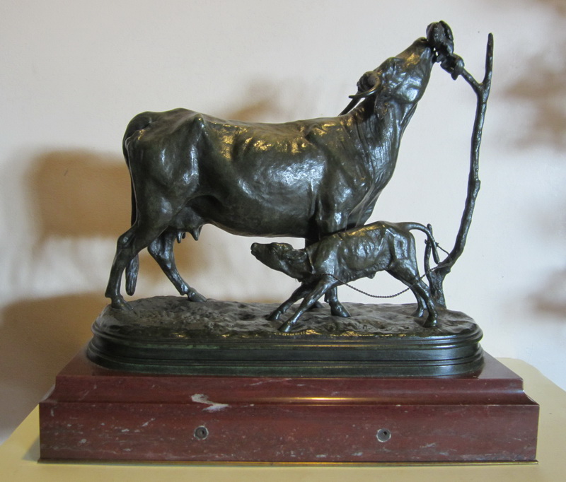 beautiful and rare animal bronze: cow with calf on red marble base by Pierre Charles Conte de St Angel. Founder:Thiebaut. 