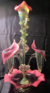 Victorian uranium glass epergne, centrepiece: fringed centre trumpet with pinched rigaree and 3 horns