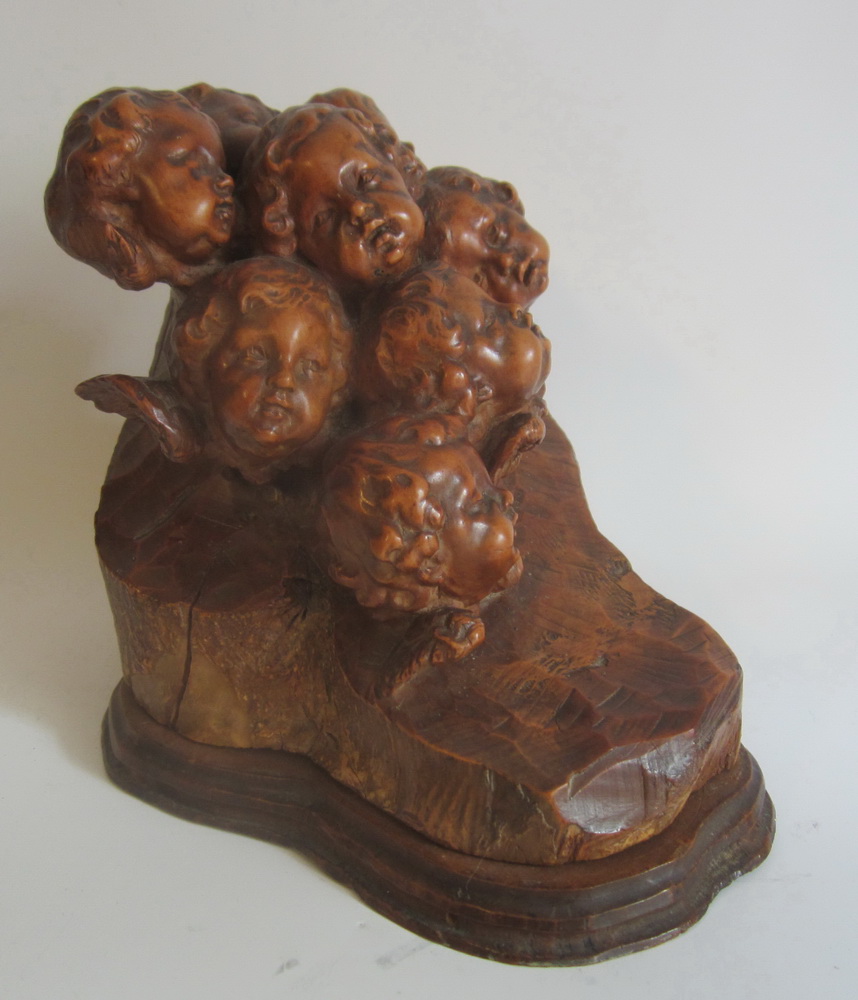 Antique Prof. Herman Steiner wooden sculpture, wood carving with angel heads, 1923  