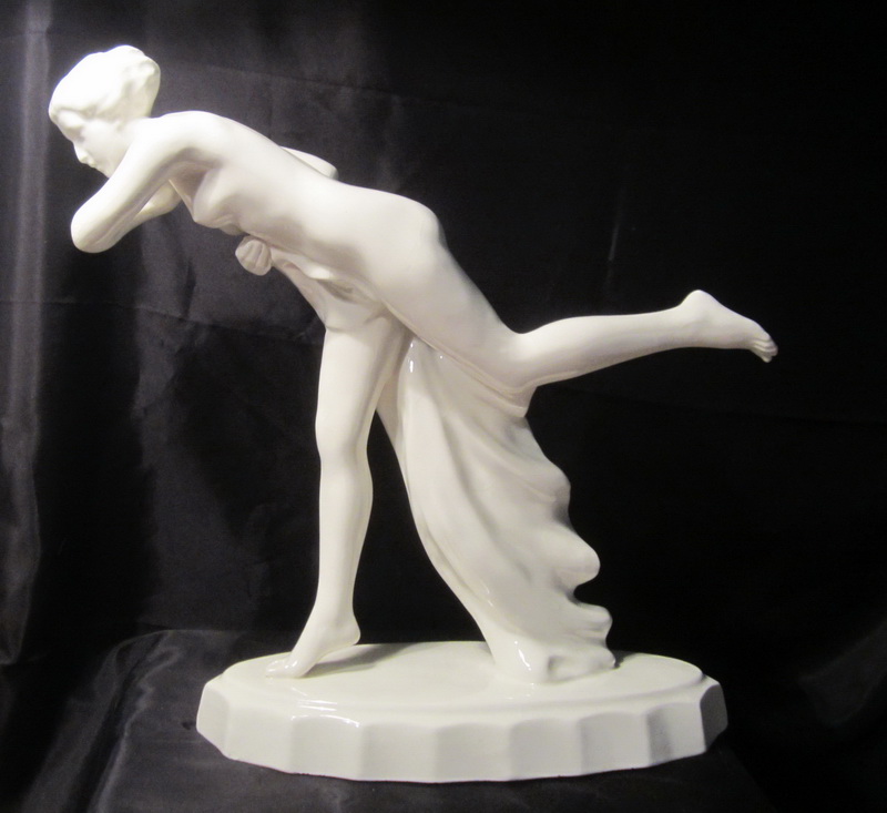 ceramic art deco statue, made in Czechoslovakia, nude art deco lady with veil! Big size: 33 cm high