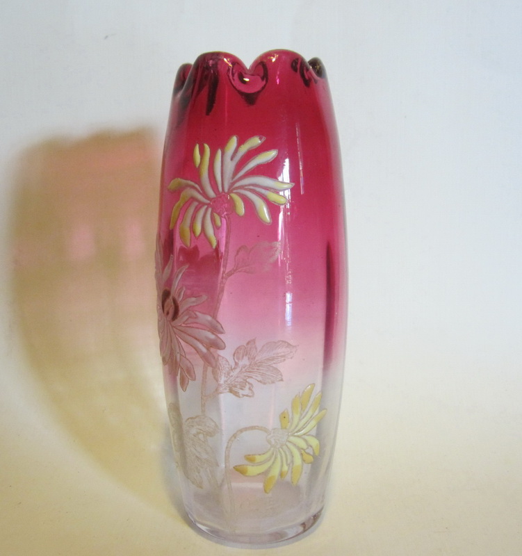 Antique art nouveau glass Legras vase with enamel decor of chrysanthemums