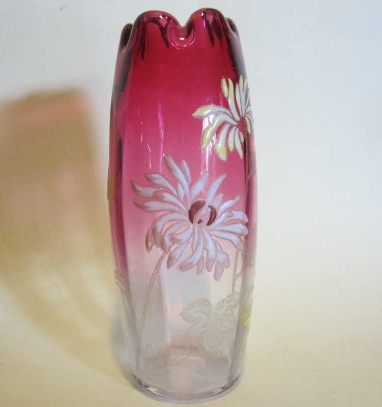 Antique art nouveau glass Legras vase with enamel decor of chrysanthemums