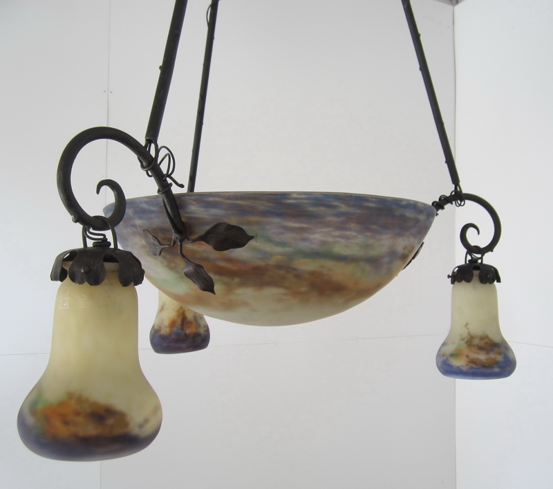 French art nouveau ceiling light in pate de verre, early 1900, signed Muller Frres Luneville. 