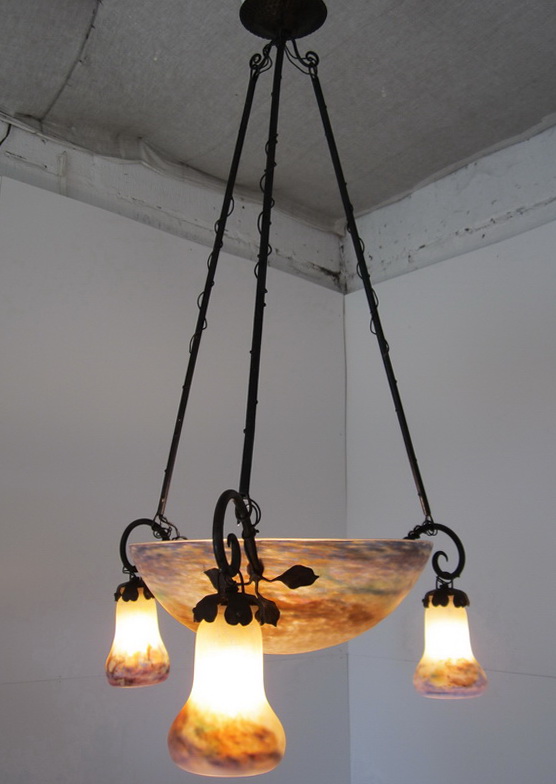 French art nouveau ceiling light in pate de verre, early 1900, signed Muller Frres Luneville. 