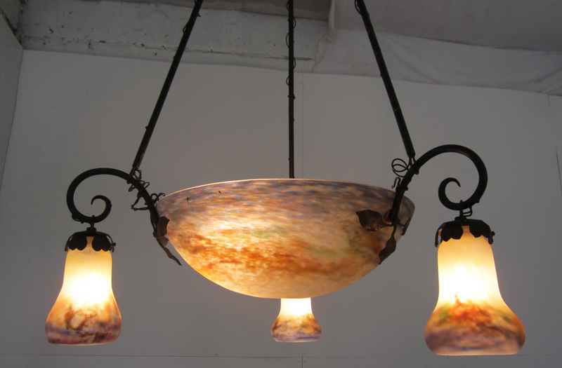 French art nouveau ceiling light in pate de verre, early 1900, signed Muller Frres Luneville. 