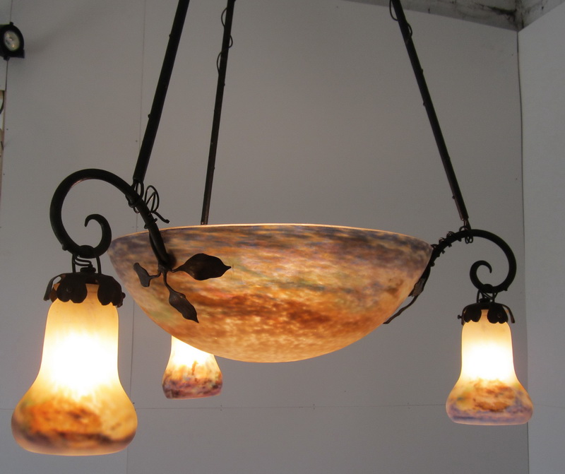 French art nouveau ceiling light in pate de verre, early 1900, signed Muller Frres Luneville. 