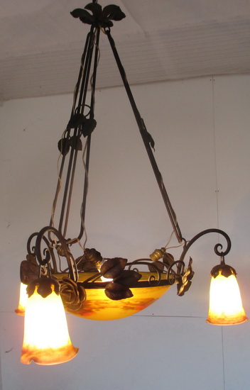 art deco wrought iron Degu chandelier with pate de verre 