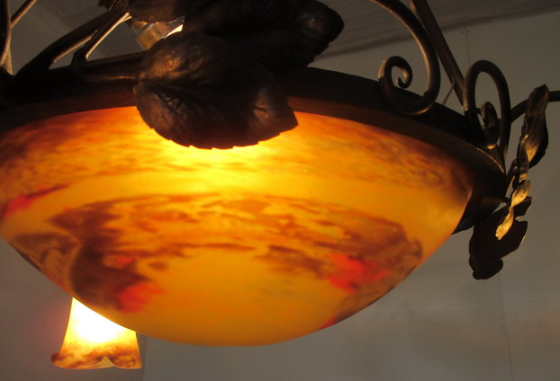 art deco wrought iron Degu chandelier with pate de verre 