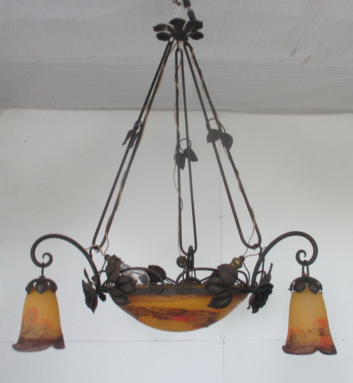 art deco wrought iron Degu chandelier with pate de verre 