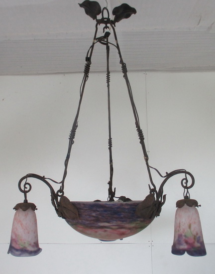 art deco wrought iron Muller Frres chandelier with pate de verre bowl & three shades.