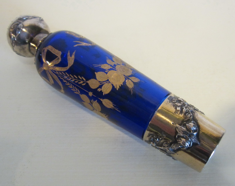 antique acid etched cobalt blue crystal perfume bottle, VSL & Delheid