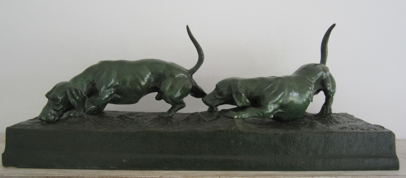 antique bronze teckels, dachshunds, by L. Noel