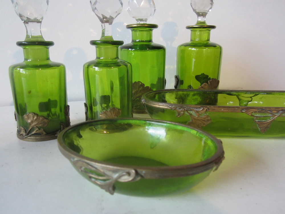 art nouveau set of 6 pc. green glass vanity, in thick bronzed metal holders.