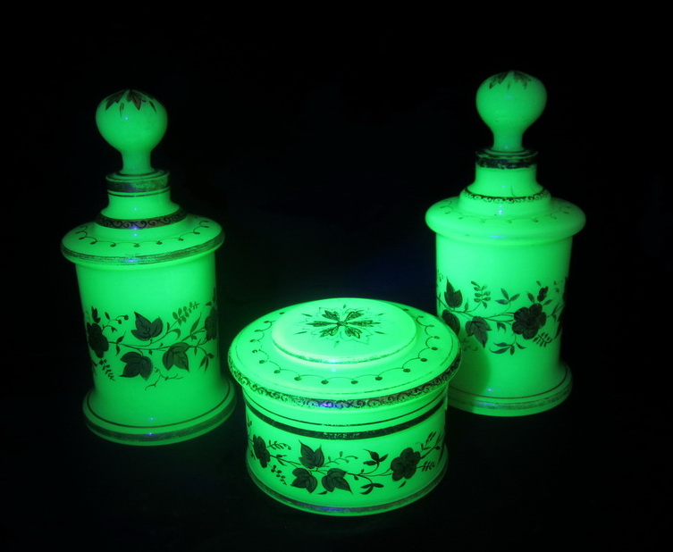 set of 3 lovely and rare vaseline uranium opaline glass perfume bottles and powder box
