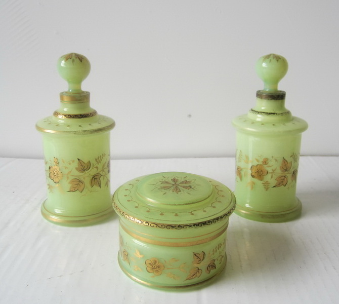 set of 3 lovely and rare vaseline uranium opaline glass perfume bottles and powder box; 19th century