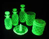  rare and beautiful art deco green vaseline glass / uranium glass vanity set, dressing table set: with a kind of pineapple pattern.